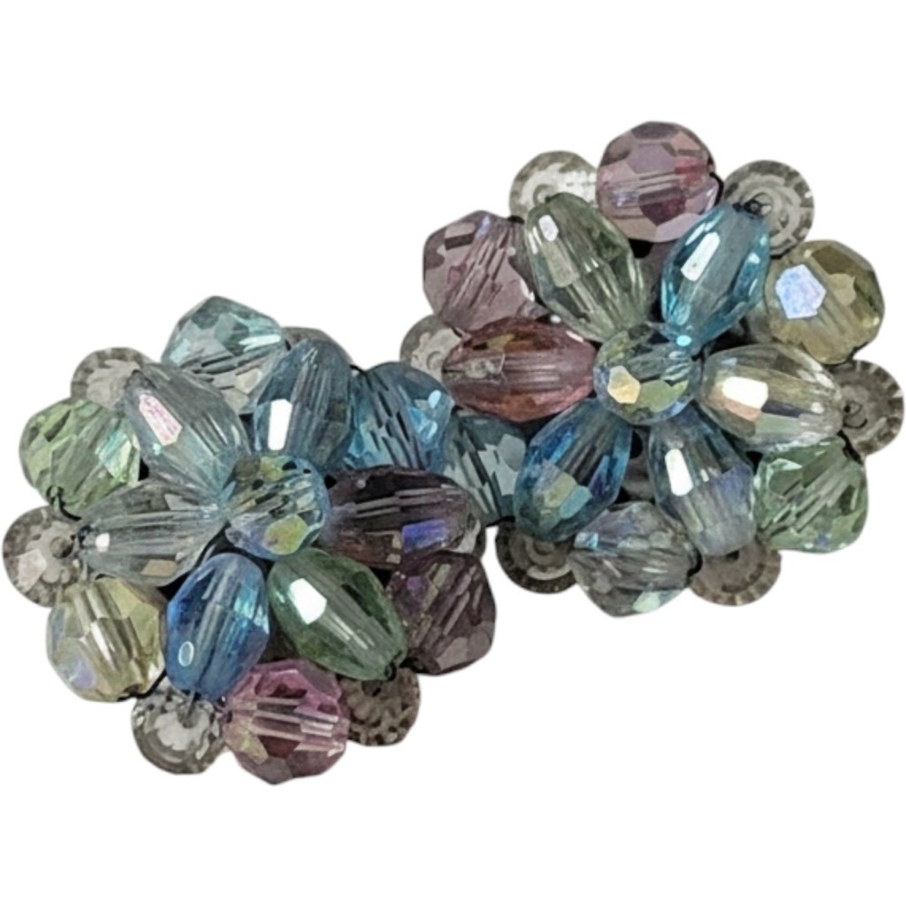 Vintage Pastel Crystal Cluster Clip-On Earrings Iridescent Floral Bead Statement